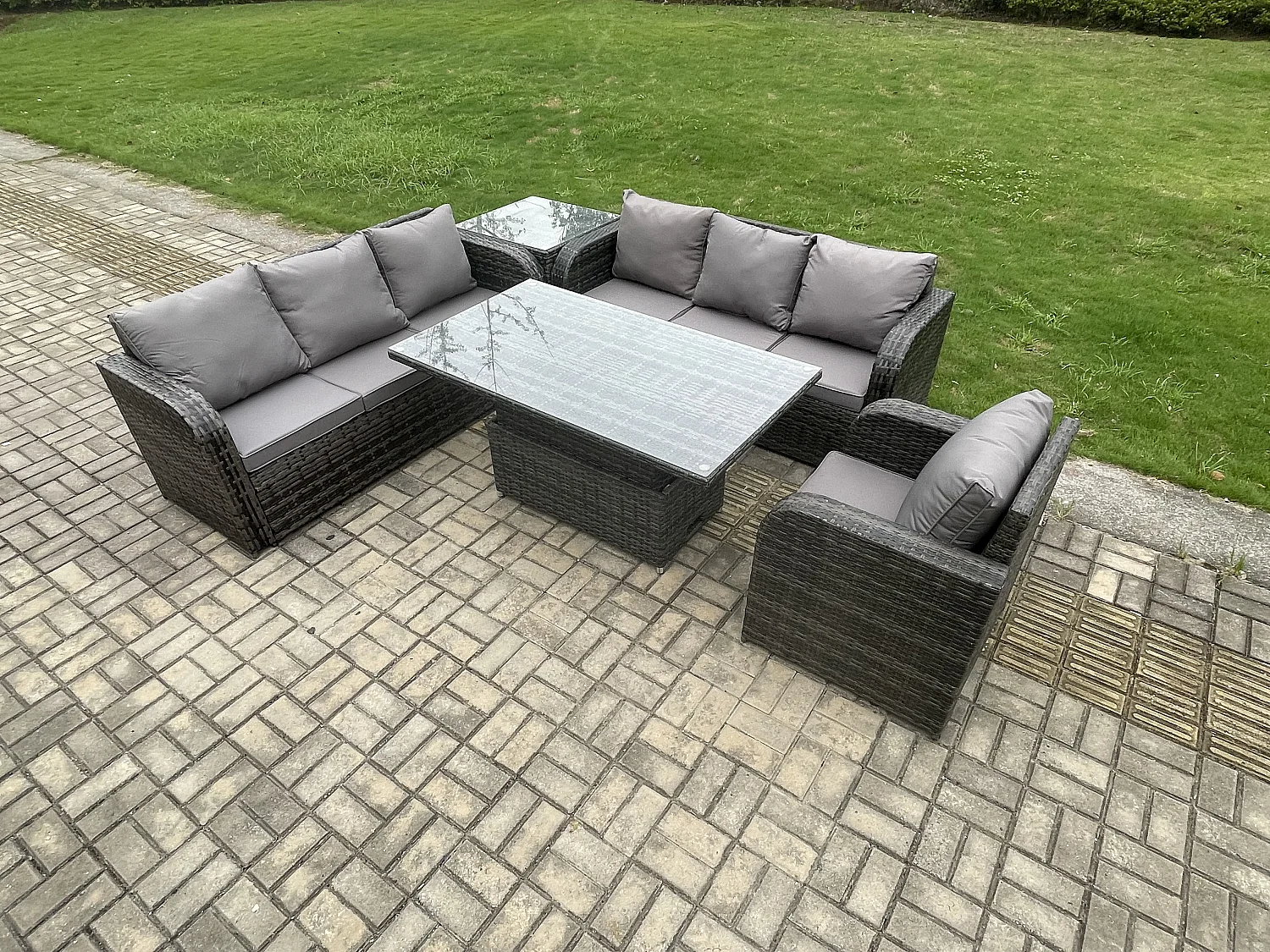 Salon de jardin Table à manger réglable en hauteur Canapé avec Chaise inclinable Table d'appoint Gris foncé mixte