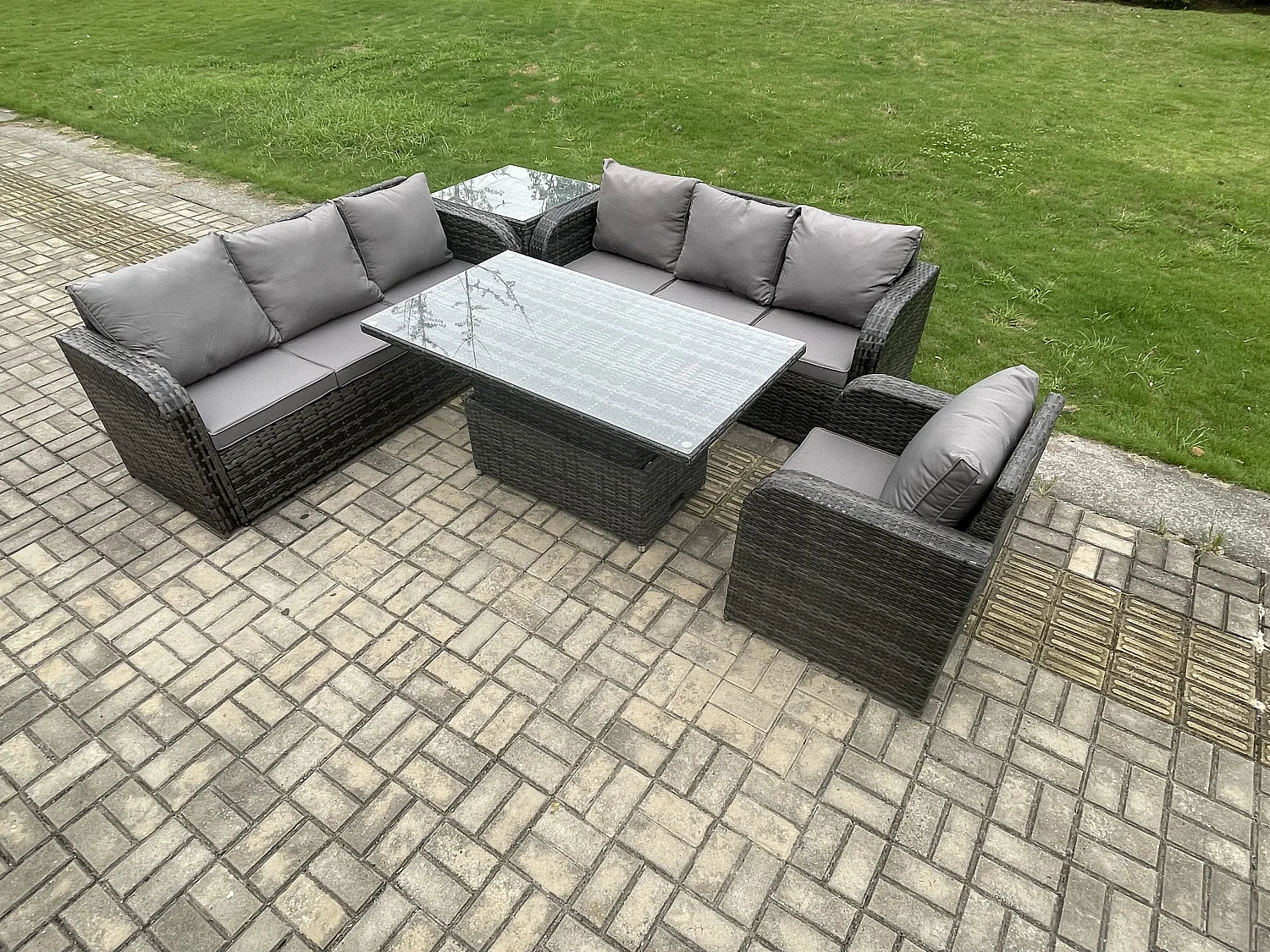 Salon de jardin Table à manger réglable en hauteur Canapé avec Chaise inclinable Table d'appoint Gris foncé mixte