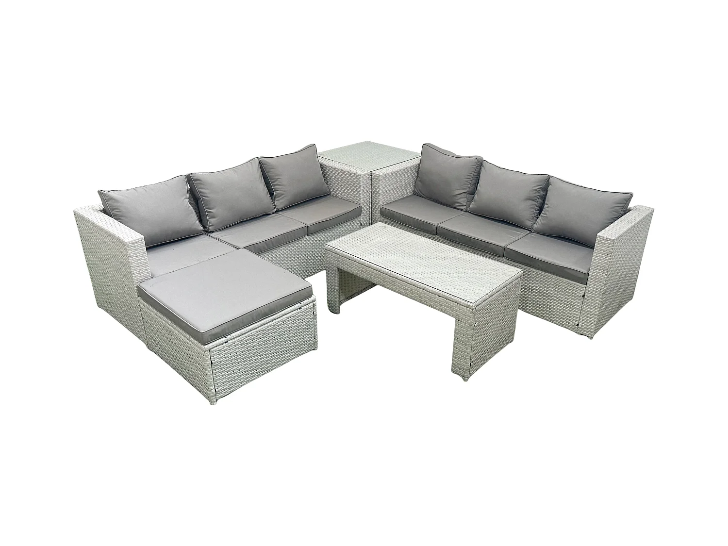 7 places Salon de Jardin Extérieur Canapé de jardin en rotin Table basse oblongue avec Grand tabouret Table d'appoint Gris clair mixte