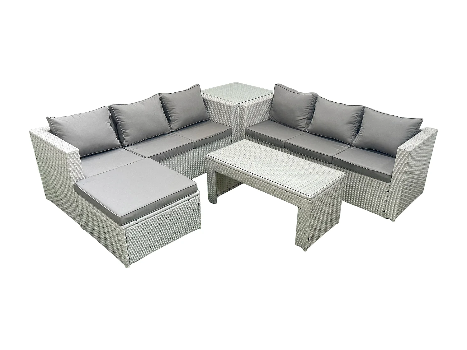 7-Sitzer Gartenmöbel-Set im Freien Polyrattan Garten Sofa Rechteckiger Couchtisch Set mit 2 Großer Hockern Beistelltisch Hellgrau gemischt