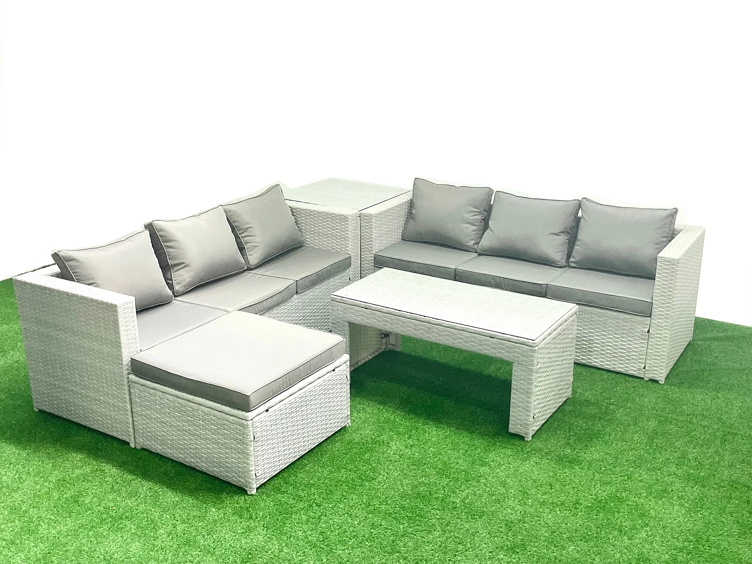 7-Sitzer Gartenmöbel-Set im Freien Polyrattan Garten Sofa Rechteckiger Couchtisch Set mit 2 Großer Hockern Beistelltisch Hellgrau gemischt
