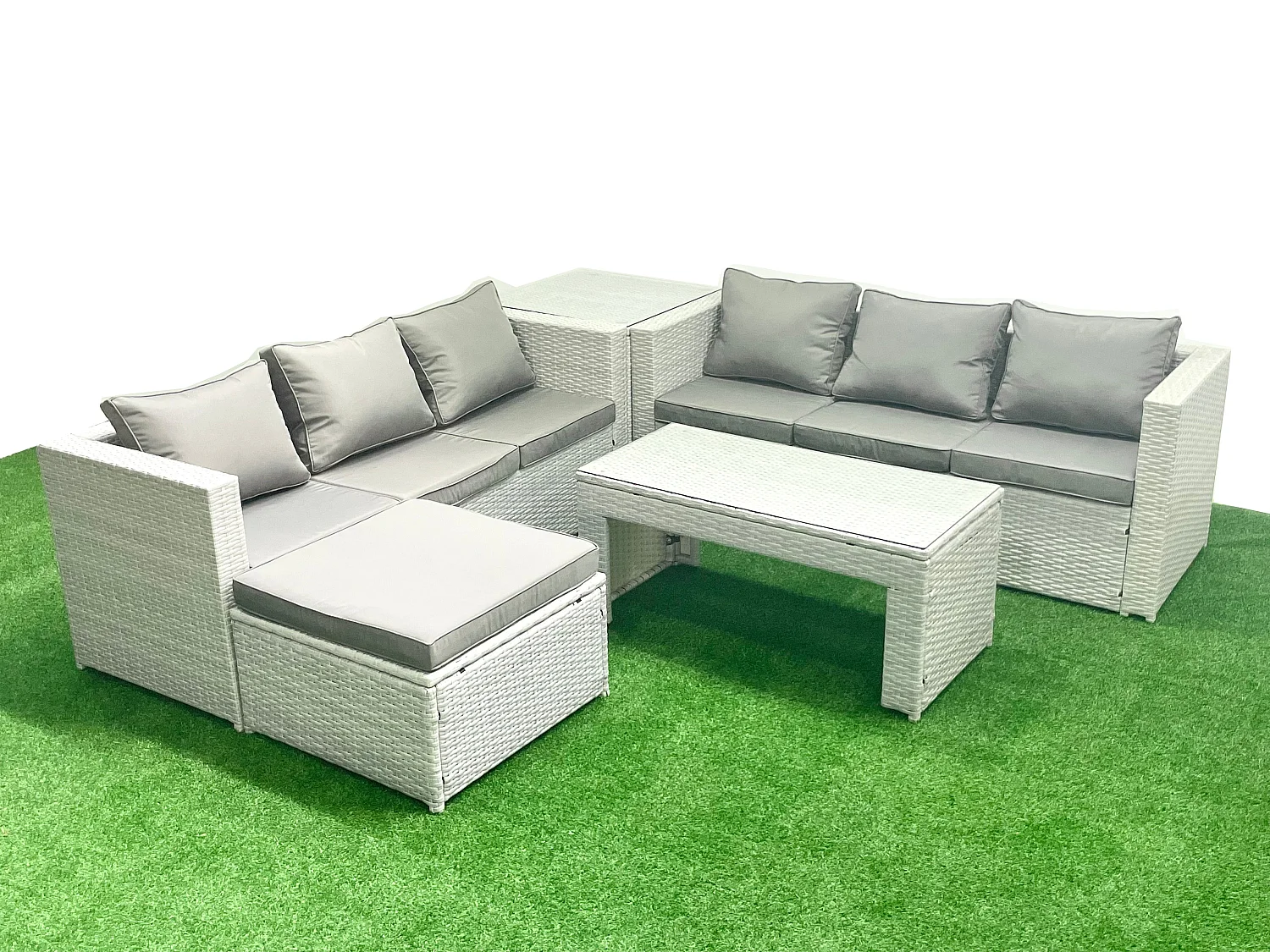 7-Sitzer Gartenmöbel-Set im Freien Polyrattan Garten Sofa Rechteckiger Couchtisch Set mit 2 Großer Hockern Beistelltisch Hellgrau gemischt