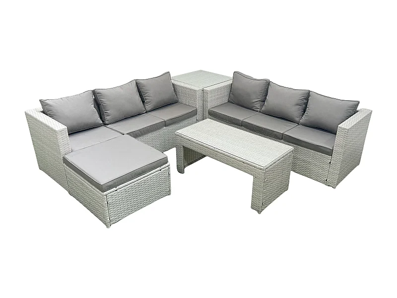 7-Sitzer Gartenmöbel-Set im Freien Polyrattan Garten Sofa Rechteckiger Couchtisch Set mit 2 Großer Hockern Beistelltisch Hellgrau gemischt