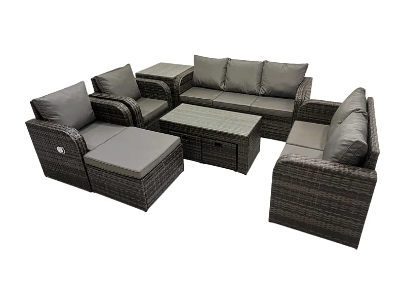 10-Sitzer Polyrattan Gartenmöbelset Rattan Lounge Sofa Set mit Rechteckiger Couchtisch Beistelltisch 3 Hockern Dunkelgrau Gemischt