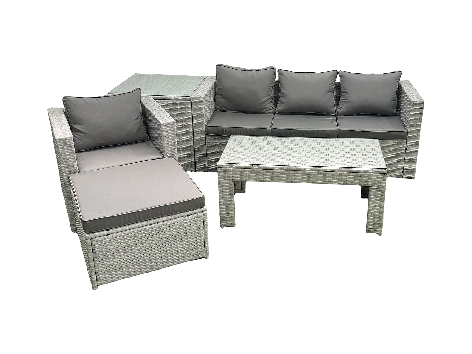 Polyrattan Gartenmöbelset mit Graue Kissen 5-Sitzer mit Beistelltisch und Couchtisch