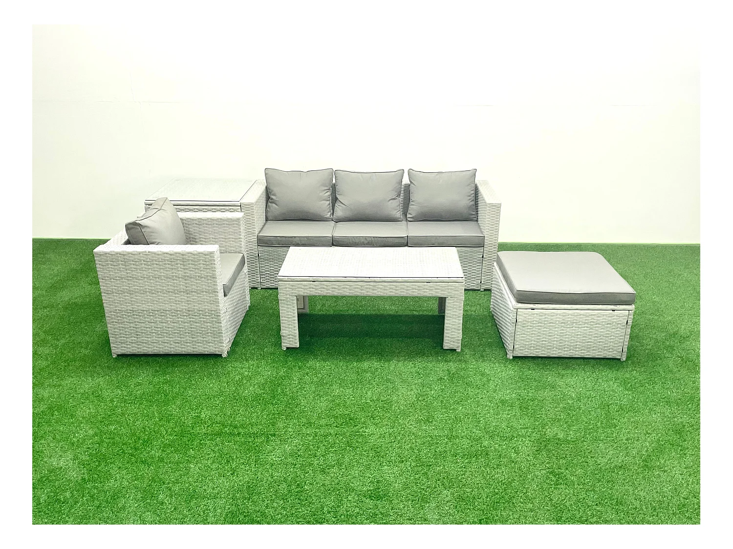 Polyrattan Gartenmöbelset mit Graue Kissen 5-Sitzer mit Beistelltisch und Couchtisch