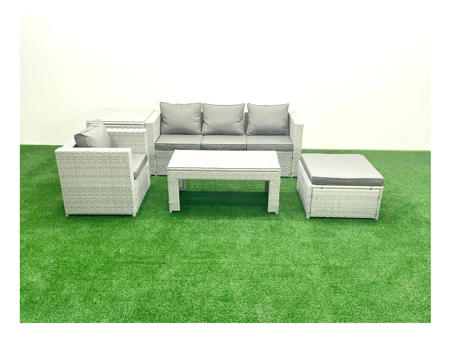 Polyrattan Gartenmöbelset mit Graue Kissen 5-Sitzer mit Beistelltisch und Couchtisch