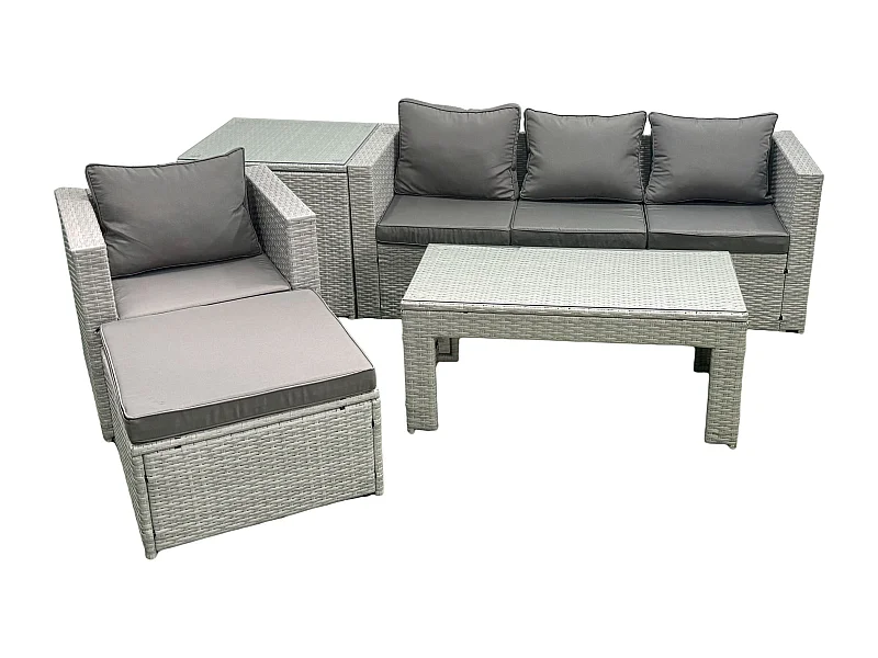 Salon de Jardin Ensemble avec Coussins gris 5 places avec Table d'appoint et Table basse