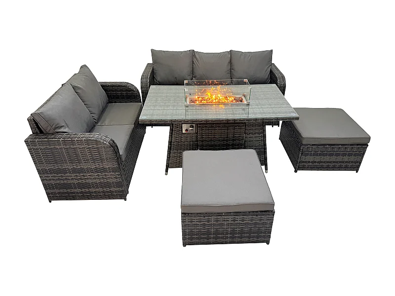 Polyrattan Gartenmöbelset Gasfeuerstelle Esstisch und Sofa set mit 2 hohen Hockern