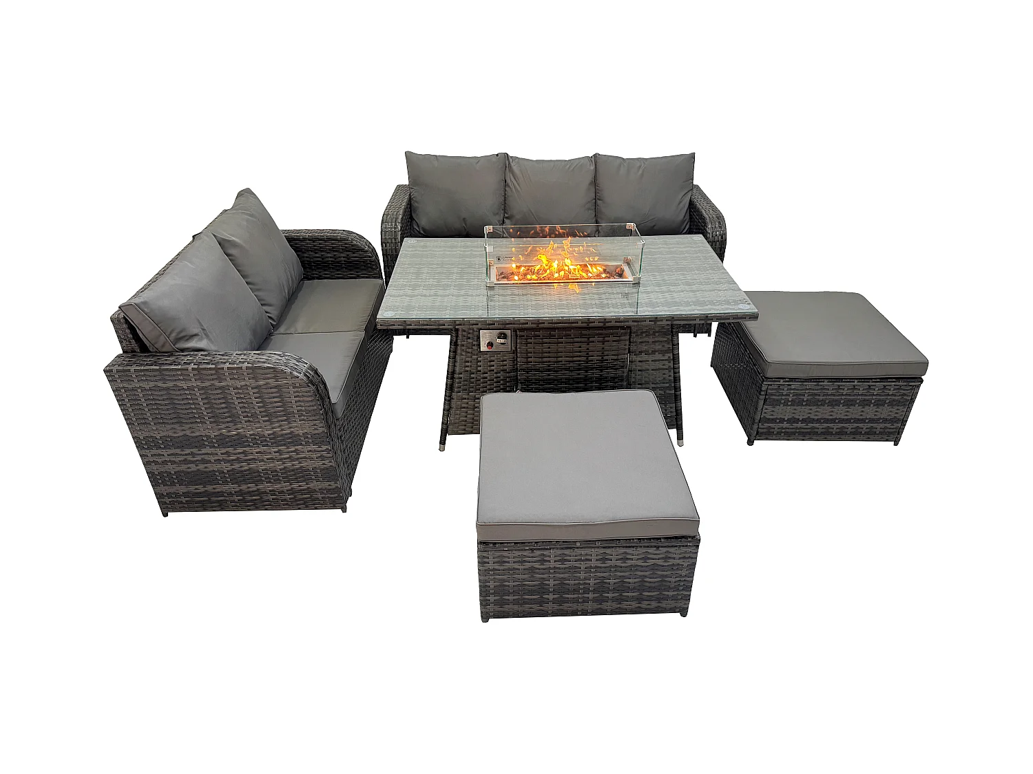 Polyrattan Gartenmöbelset Gasfeuerstelle Esstisch und Sofa set mit 2 hohen Hockern