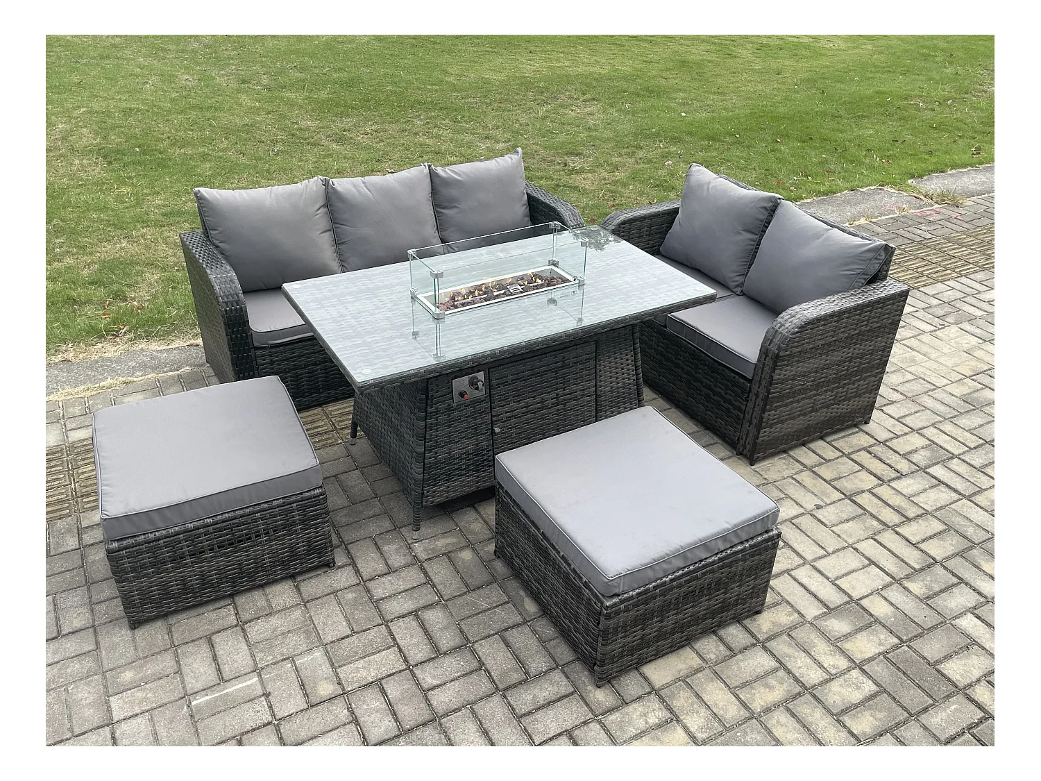 Polyrattan Gartenmöbelset Gasfeuerstelle Esstisch und Sofa set mit 2 hohen Hockern