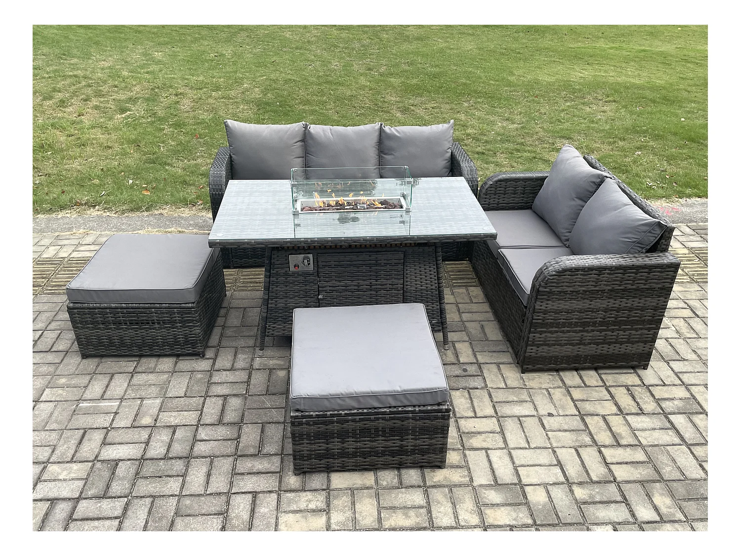 Polyrattan Gartenmöbelset Gasfeuerstelle Esstisch und Sofa set mit 2 hohen Hockern