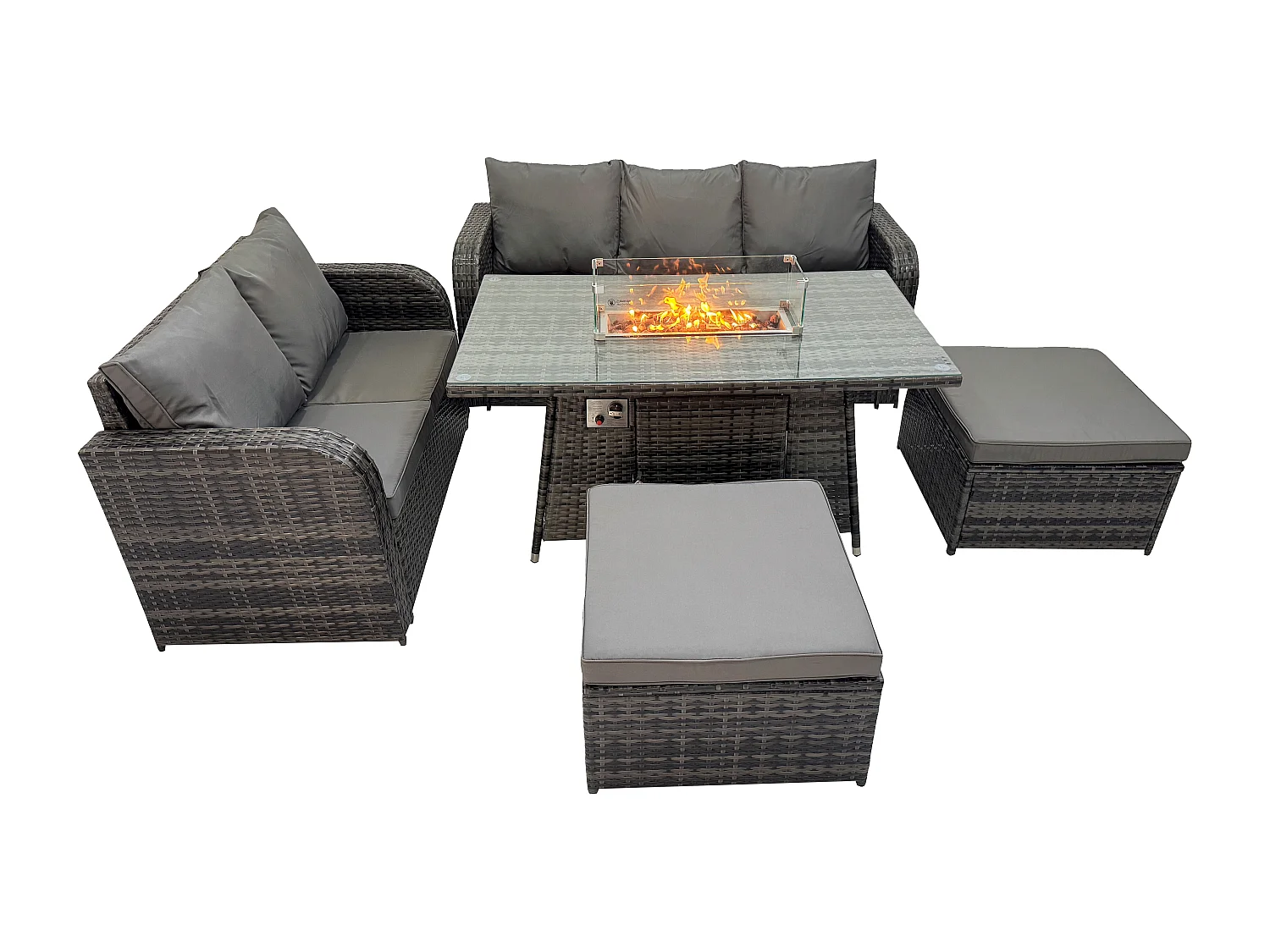 Polyrattan Gartenmöbelset Gasfeuerstelle Esstisch und Sofa set mit 2 hohen Hockern