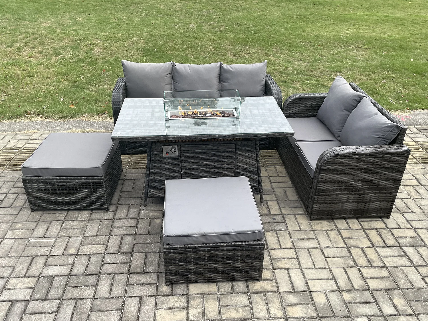 Polyrattan Gartenmöbelset Gasfeuerstelle Esstisch und Sofa set mit 2 hohen Hockern