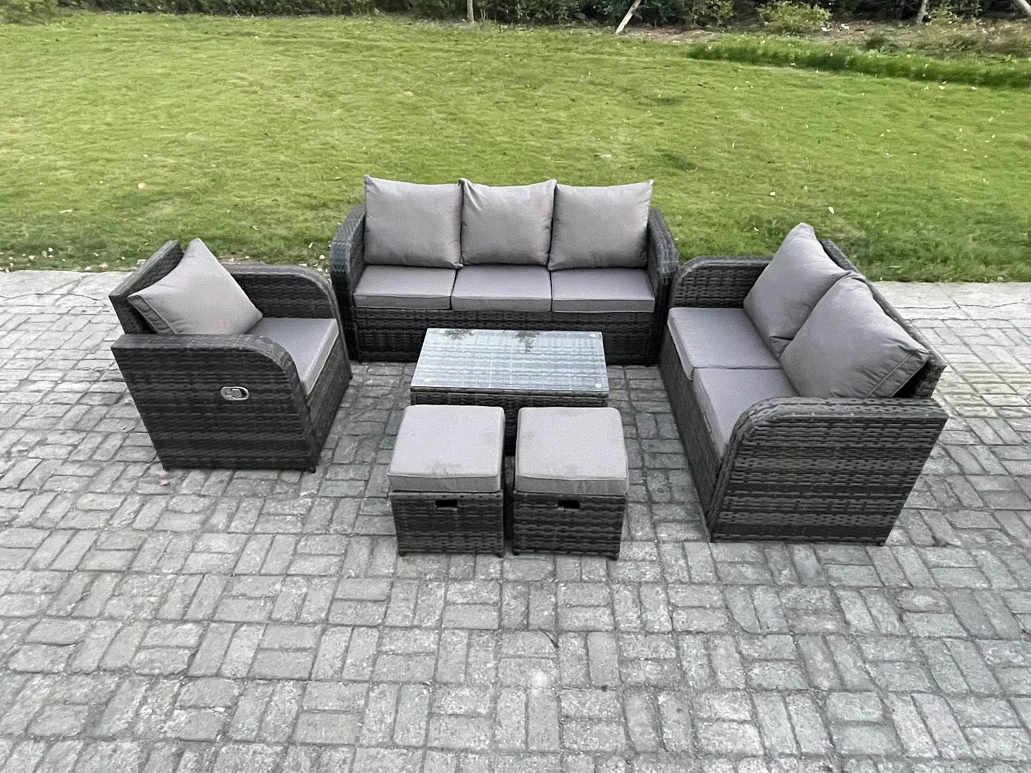Gartenmöbel-Sets 6 Stücke Polyrattan Möbel Sofa Set mit Rechteckiger Couchtisch Loveseat Sofa 2 kleine Fußhockern