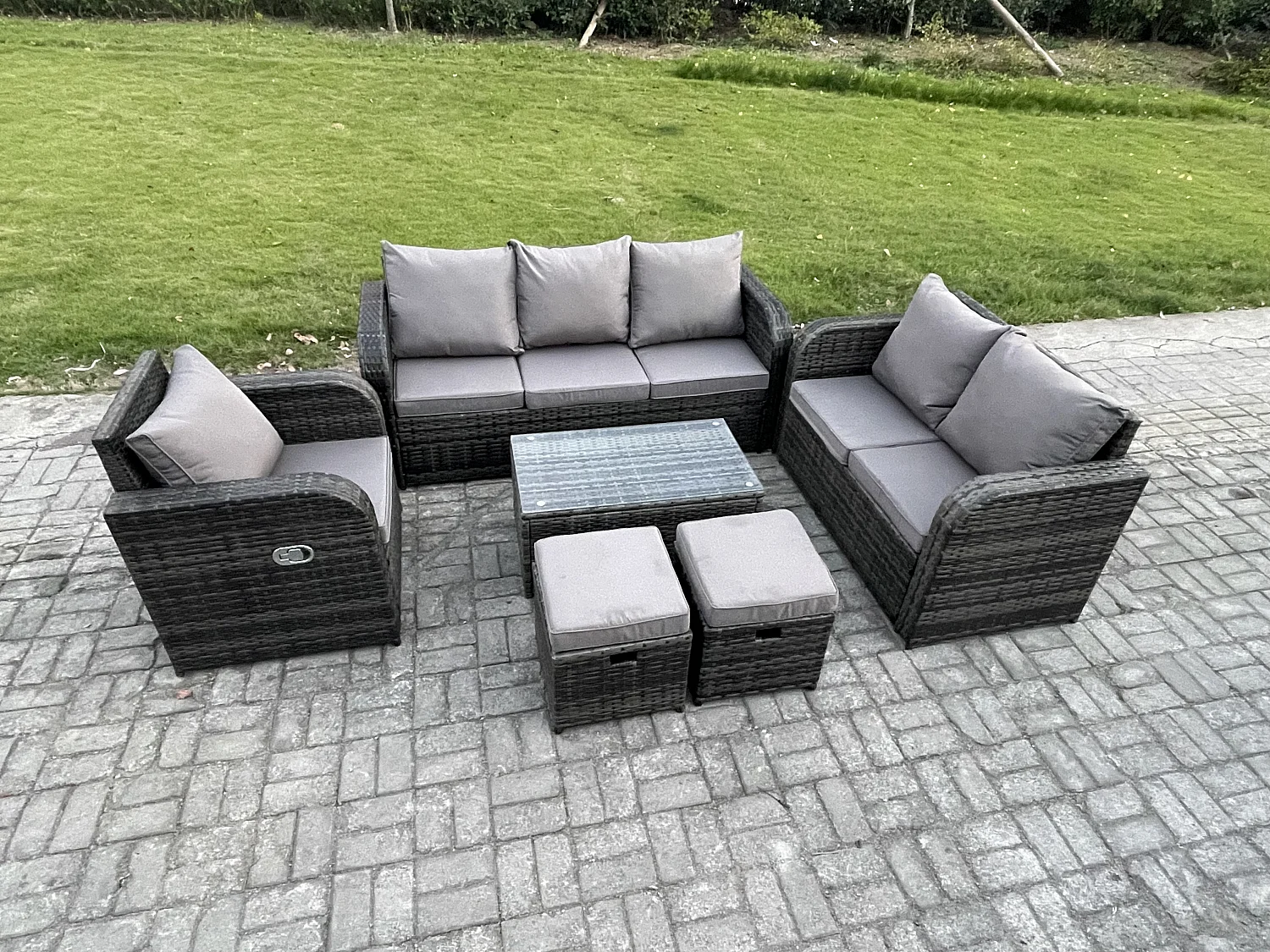Gartenmöbel-Sets 6 Stücke Polyrattan Möbel Sofa Set mit Rechteckiger Couchtisch Loveseat Sofa 2 kleine Fußhockern