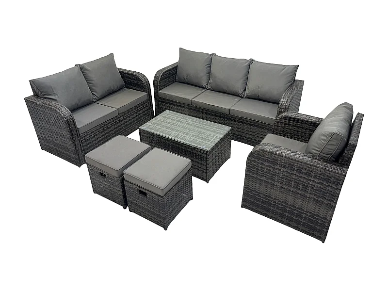 Gartenmöbel-Sets 6 Stücke Polyrattan Möbel Sofa Set mit Rechteckiger Couchtisch Loveseat Sofa 2 kleine Fußhockern
