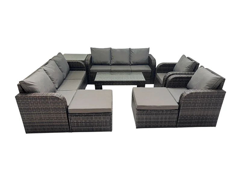 Polyrattan Sofa Set 10-Sitzer Terrassen Gartenmöbelset mit 2 Liegestühle Couchtisch Beistelltischen 2 hohen Hockern Dunkelgrau Gemischt
