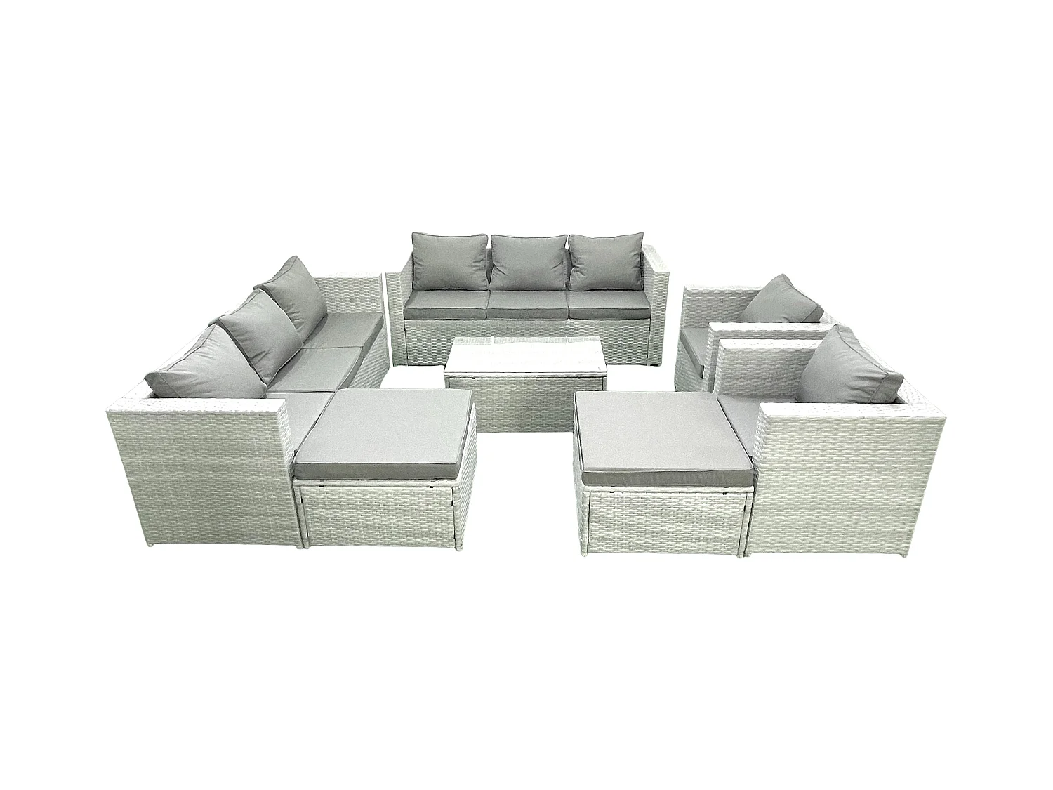 Rattan Sofa Gartenmöbel Set mit 2 Sesseln Rechteckiger Couchtisch 2 hohen Hockern Hellgrau gemischt