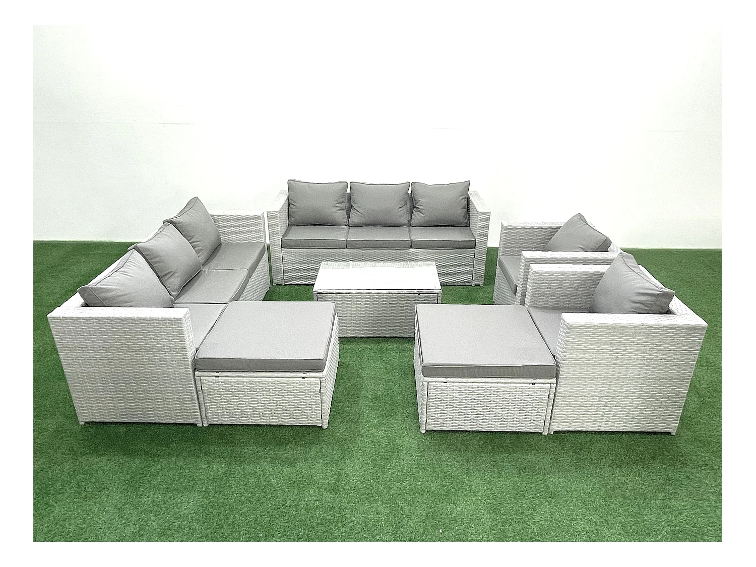 Rattan Sofa Gartenmöbel Set mit 2 Sesseln Rechteckiger Couchtisch 2 hohen Hockern Hellgrau gemischt