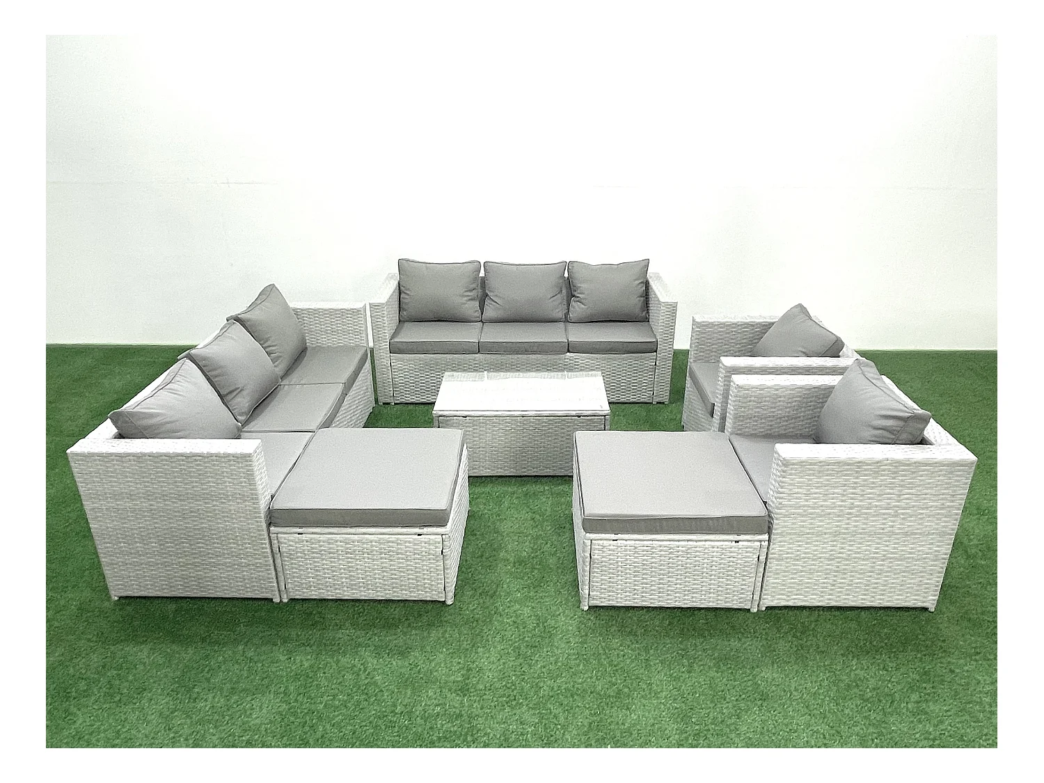 Rattan Sofa Gartenmöbel Set mit 2 Sesseln Rechteckiger Couchtisch 2 hohen Hockern Hellgrau gemischt