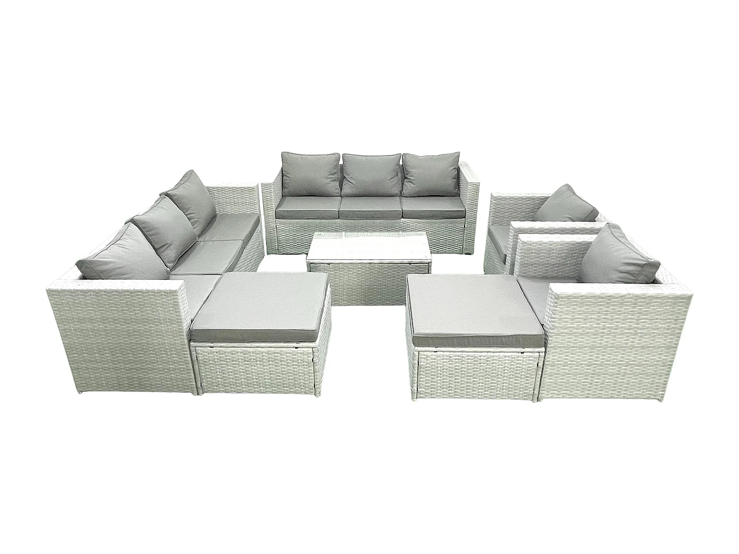 Salon de Jardin en rotin avec 2 Fauteuil Table basse oblongue 2 Grand tabourets Gris clair mixte