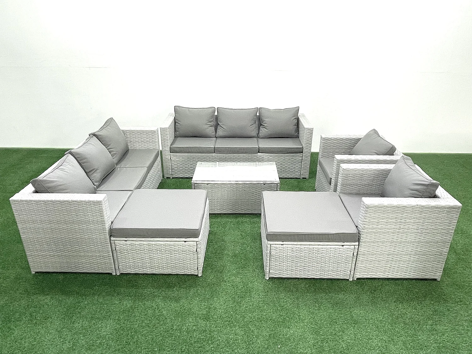 Salon de Jardin en rotin avec 2 Fauteuil Table basse oblongue 2 Grand tabourets Gris clair mixte