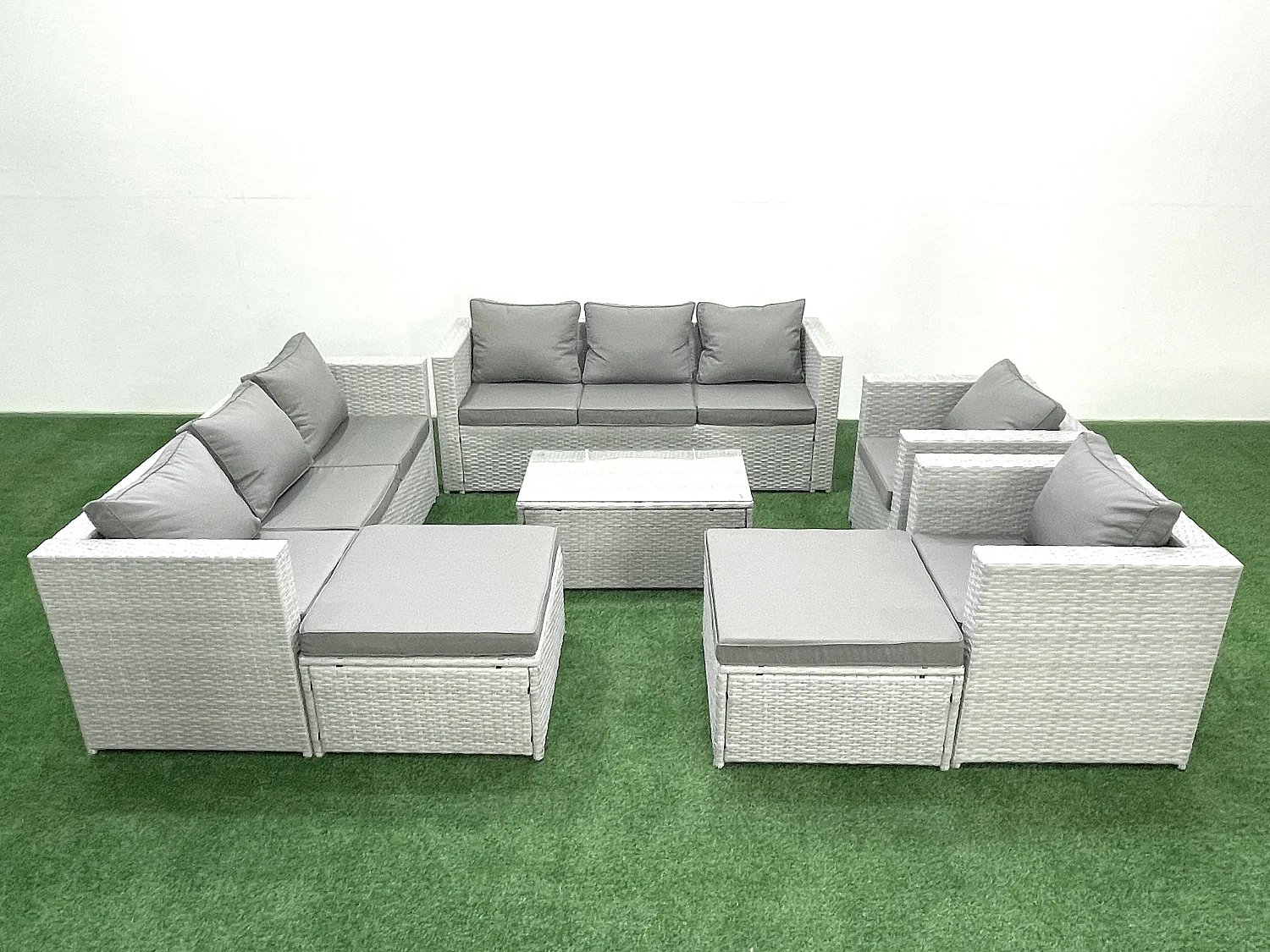 Salon de Jardin en rotin avec 2 Fauteuil Table basse oblongue 2 Grand tabourets Gris clair mixte