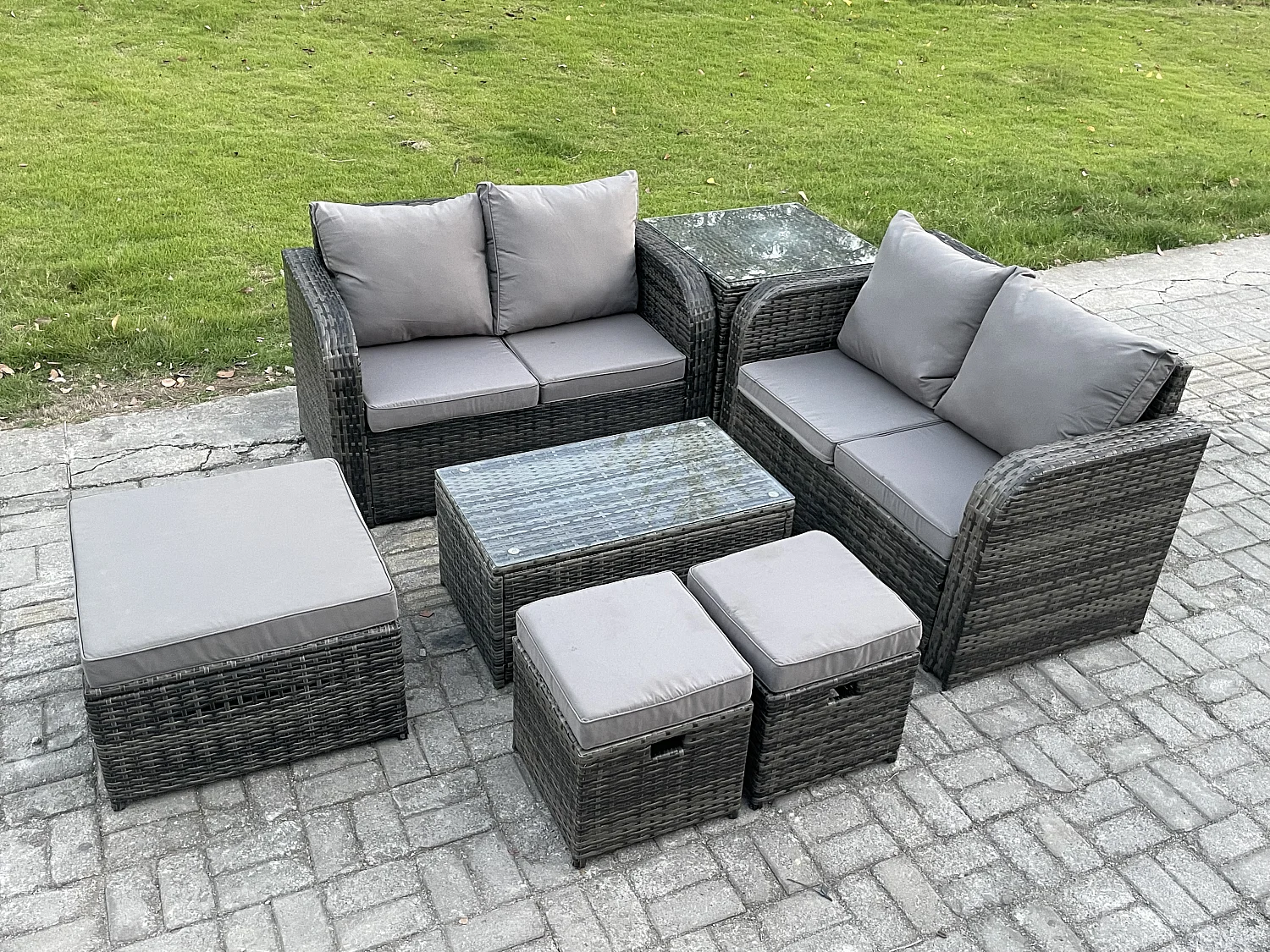 7-Sitzer Gartenmöbelset Rattan Garten Sofa im Freien Sessel mit Gehärteter Glastisch 3 Hockern Beistelltisch Dunkelgrau Gemischt