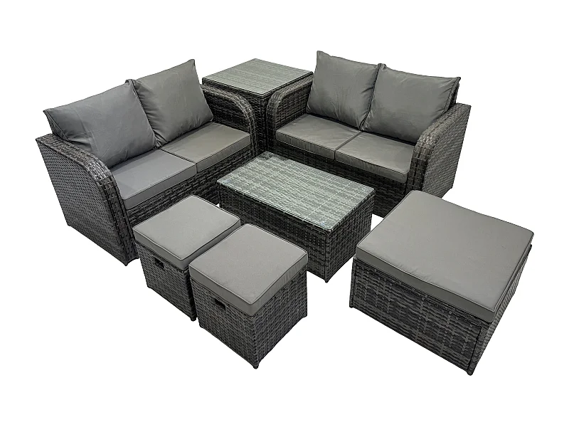 7-Sitzer Gartenmöbelset Rattan Garten Sofa im Freien Sessel mit Gehärteter Glastisch 3 Hockern Beistelltisch Dunkelgrau Gemischt