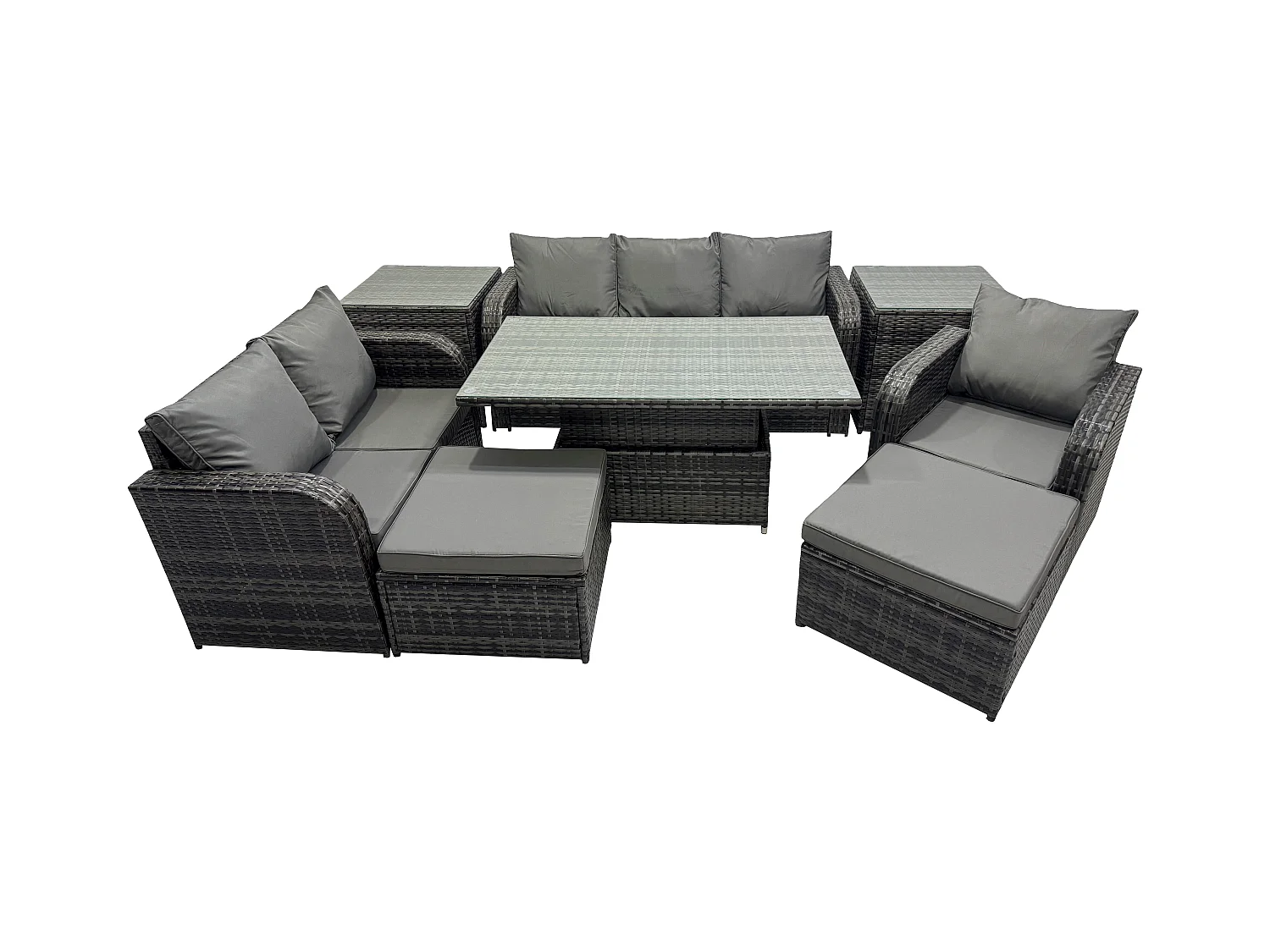 8 places Salon de jardin exterieur Table à manger réglable en hauteur Canapé d'amour Fauteuil avec 2 Tables d'appoint 2 Grand tabourets Gris foncé mixte