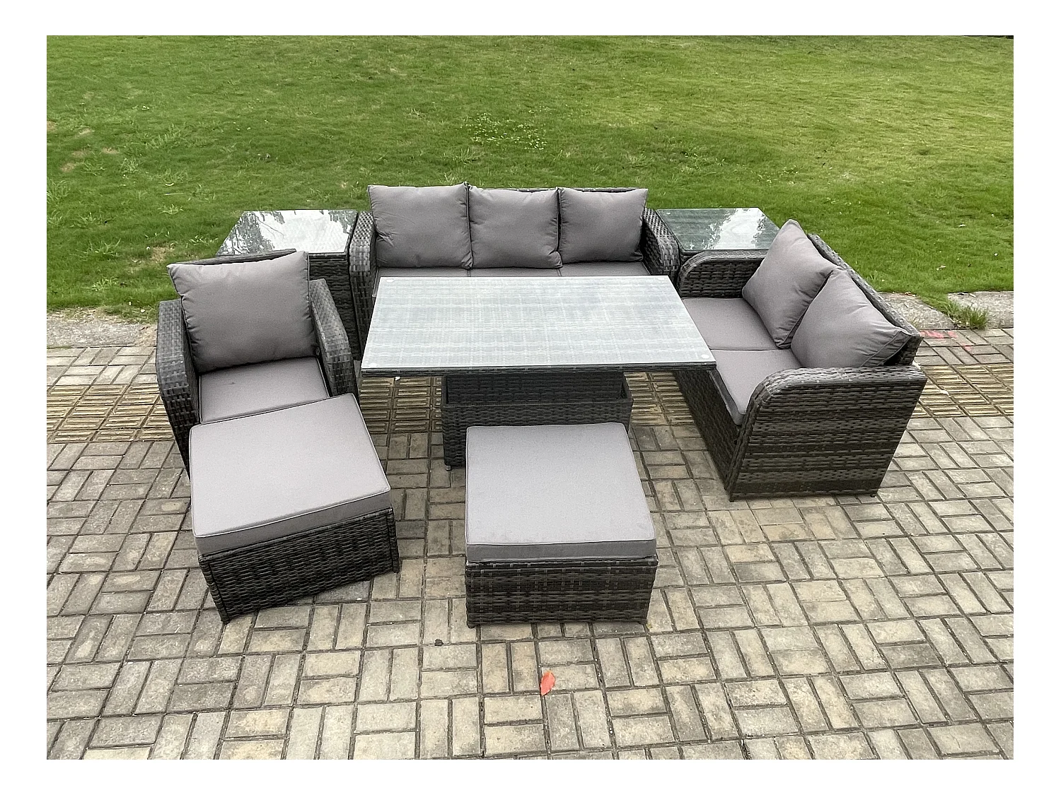 8 places Salon de jardin exterieur Table à manger réglable en hauteur Canapé d'amour Fauteuil avec 2 Tables d'appoint 2 Grand tabourets Gris foncé mixte