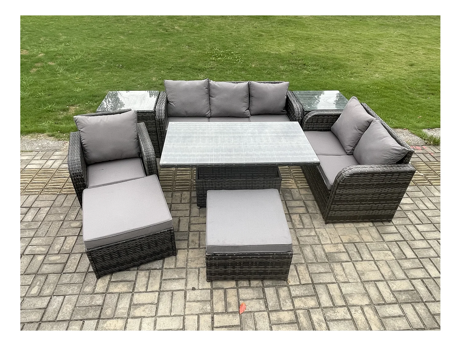 8 places Salon de jardin exterieur Table à manger réglable en hauteur Canapé d'amour Fauteuil avec 2 Tables d'appoint 2 Grand tabourets Gris foncé mixte