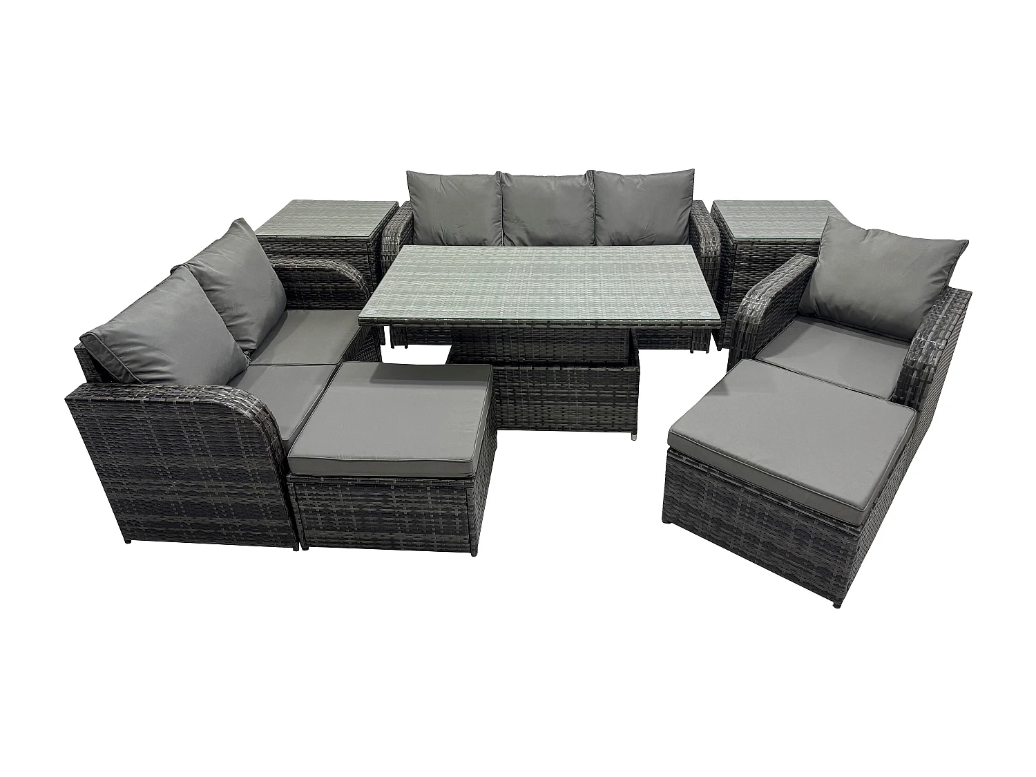8-Sitzer Polyrattan Gartenmöbelset höhenverstellbarer Tisch Love Sofa Sessel mit 2 Beistelltischen 2 hohen Hockern Dunkelgrau Gemischt