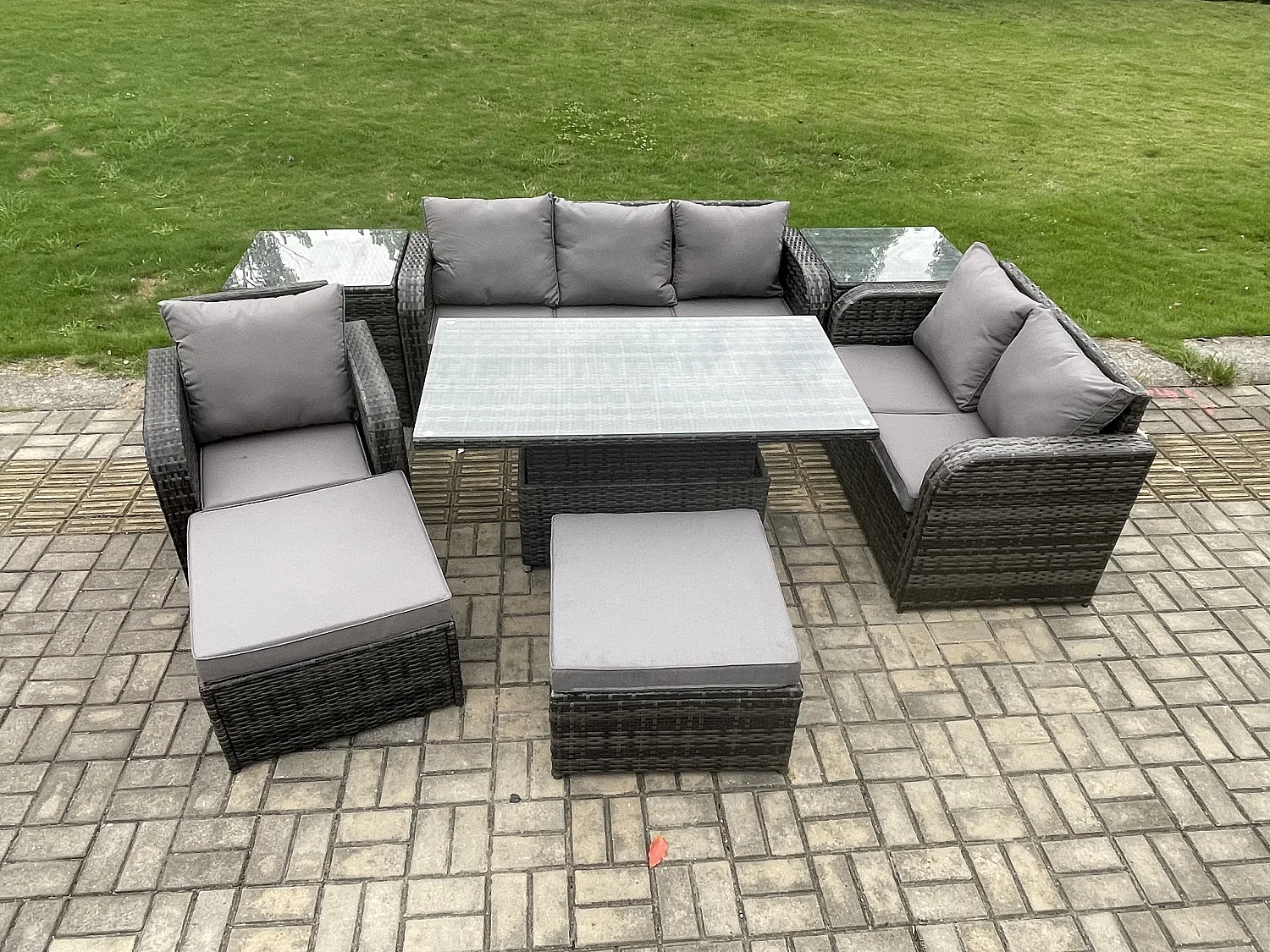 8-Sitzer Polyrattan Gartenmöbelset höhenverstellbarer Tisch Love Sofa Sessel mit 2 Beistelltischen 2 hohen Hockern Dunkelgrau Gemischt