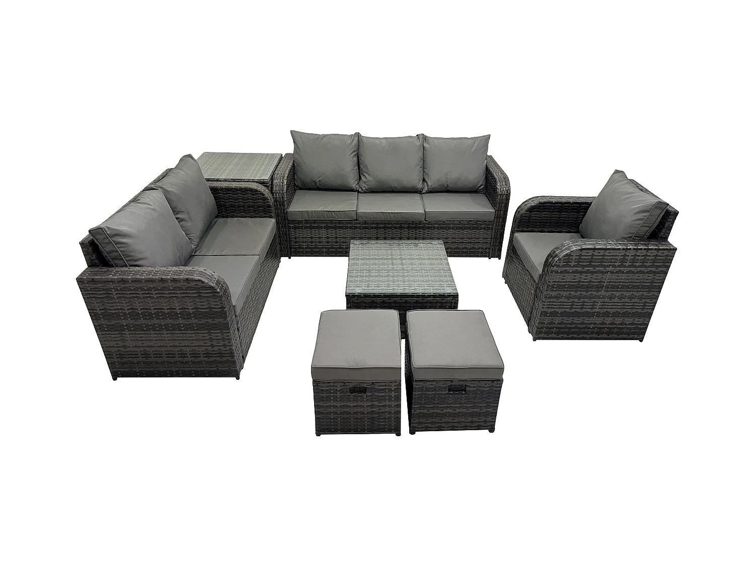 Meubles de jardin en rotin 7 Pièces avec Table basse carrée Chaise inclinable Canapé à deux places Table d'appoint 2 Petits tabourets