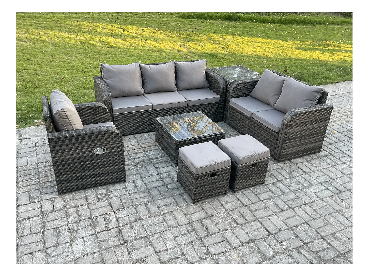 Meubles de jardin en rotin 7 Pièces avec Table basse carrée Chaise inclinable Canapé à deux places Table d'appoint 2 Petits tabourets