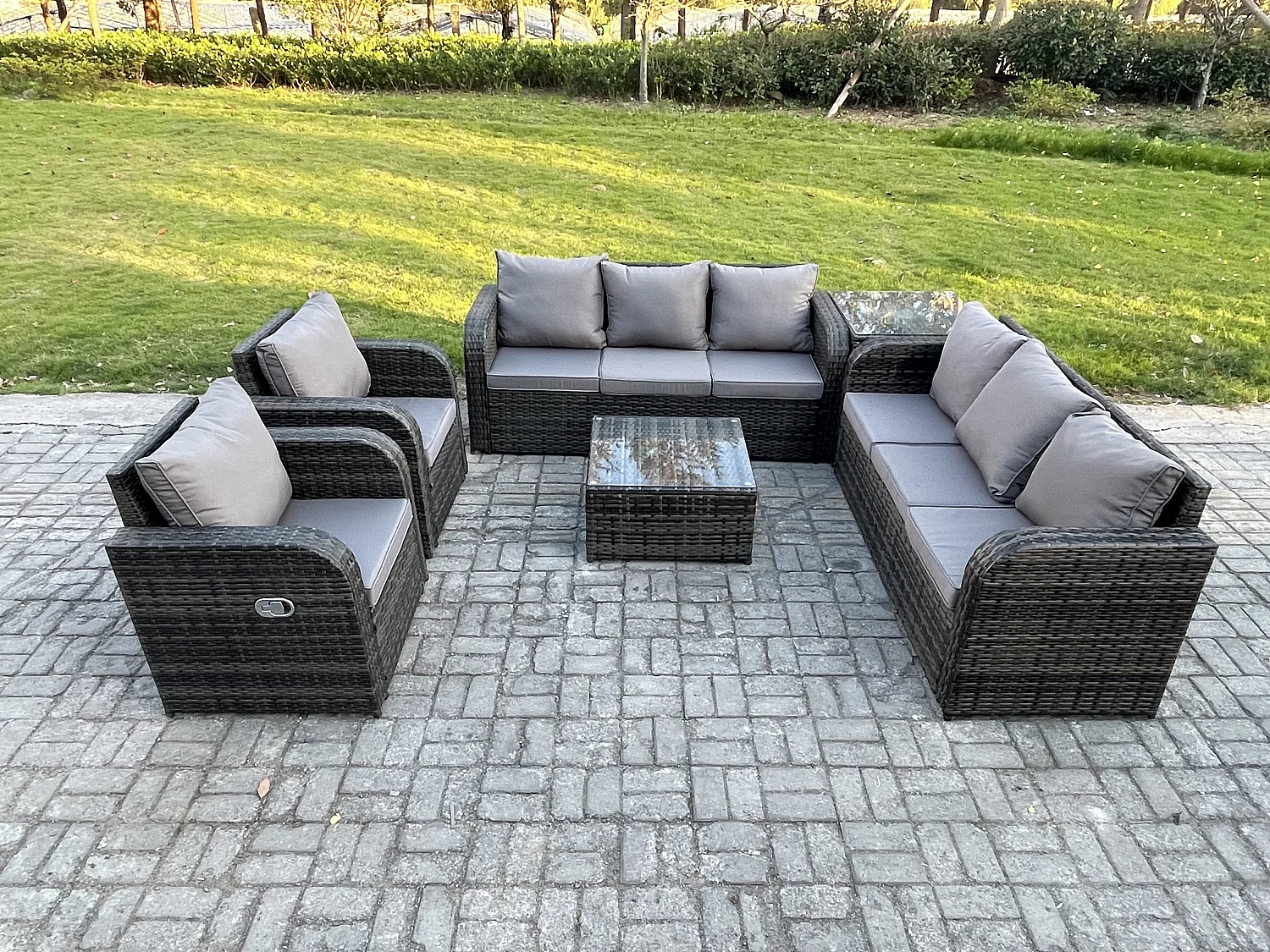 Hoher Rücken Polyrattan Gartenmöbel Set mit Quadratischer Couchtisch Beistelltisch Garten Lounge Set Dunkelgrau Gemischt