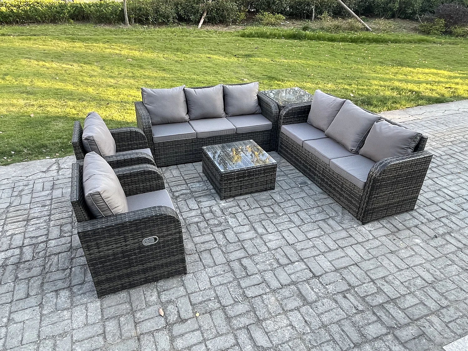 Hoher Rücken Polyrattan Gartenmöbel Set mit Quadratischer Couchtisch Beistelltisch Garten Lounge Set Dunkelgrau Gemischt