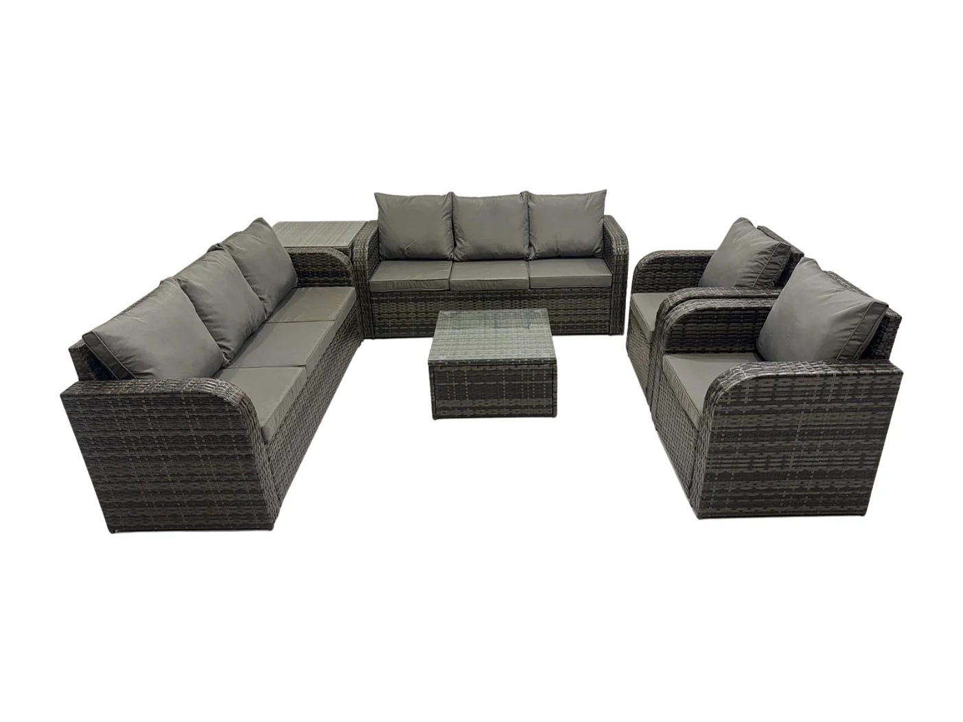 Hoher Rücken Polyrattan Gartenmöbel Set mit Quadratischer Couchtisch Beistelltisch Garten Lounge Set Dunkelgrau Gemischt