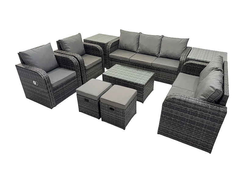 Rattan Gartenmöbel Set im Balkon 9-Sitzer Garten Sofa Set mit Rechteckiger Couchtisch Liegestühle Loveseat Sofa 2 Beistelltischen 2 kleine Fußhockern