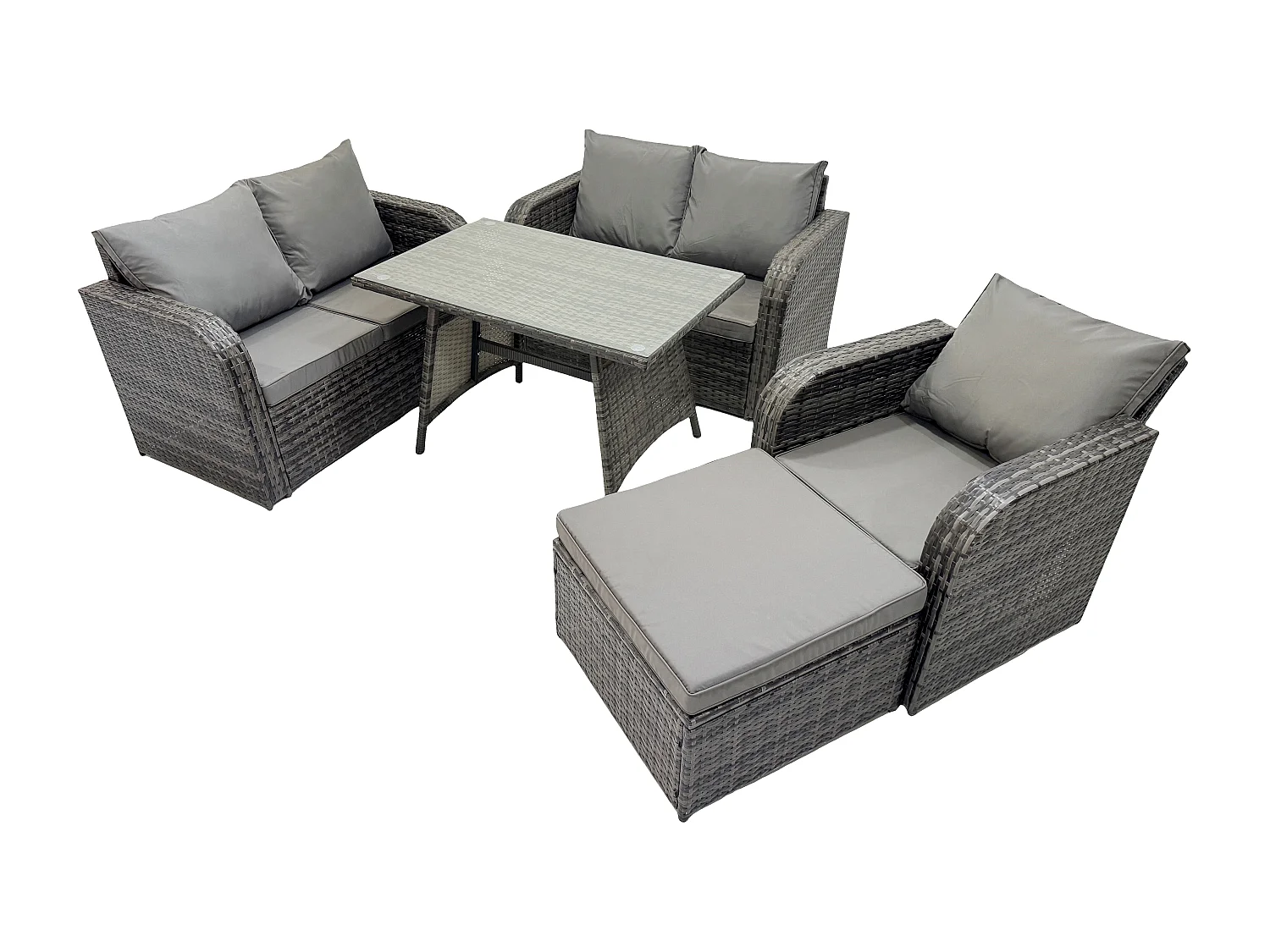 Polyrattan Gartenmöbel Set mit Esstisch Sesseln Love Sofa 2 Großer Hockern Dunkelgrau Gemischt