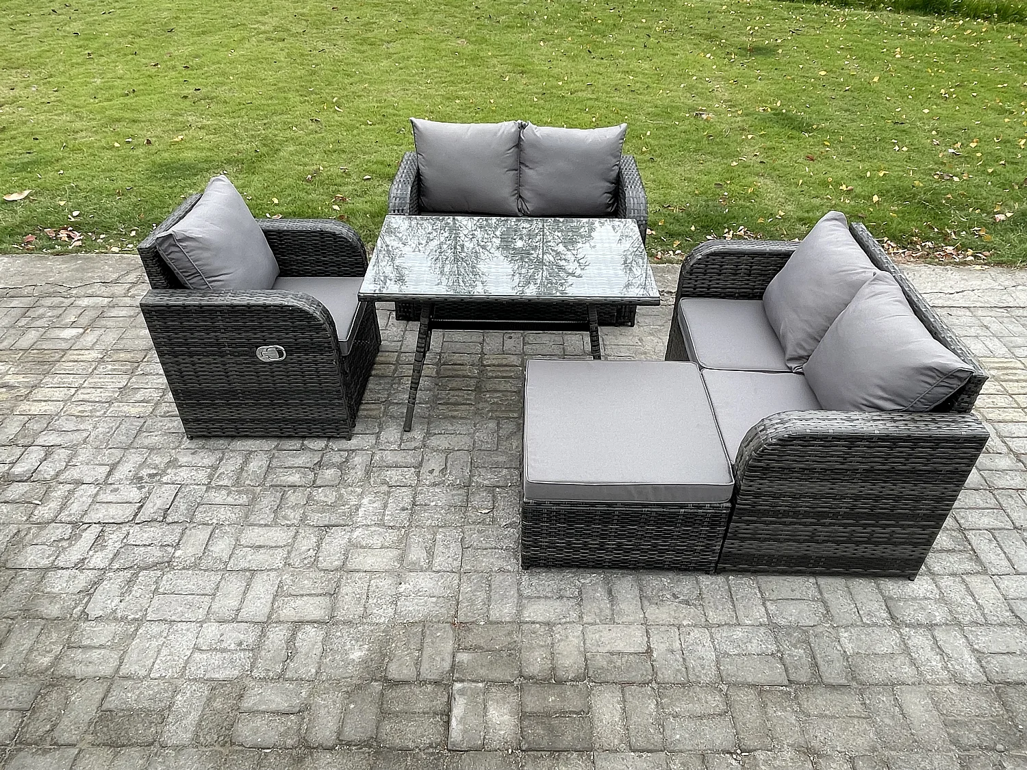 Polyrattan Gartenmöbel Set mit Esstisch Sesseln Love Sofa 2 Großer Hockern Dunkelgrau Gemischt
