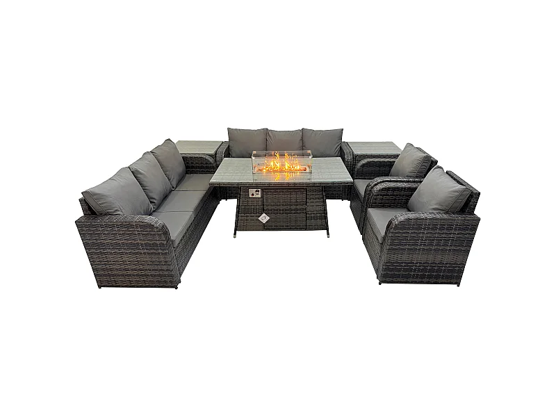 Patio Salon de jardin avec Table de foyer à gaz,Fauteuil et Table d'appoint 8 places Outdoor Indoor Canapé Lounge Set Gris foncé mixte