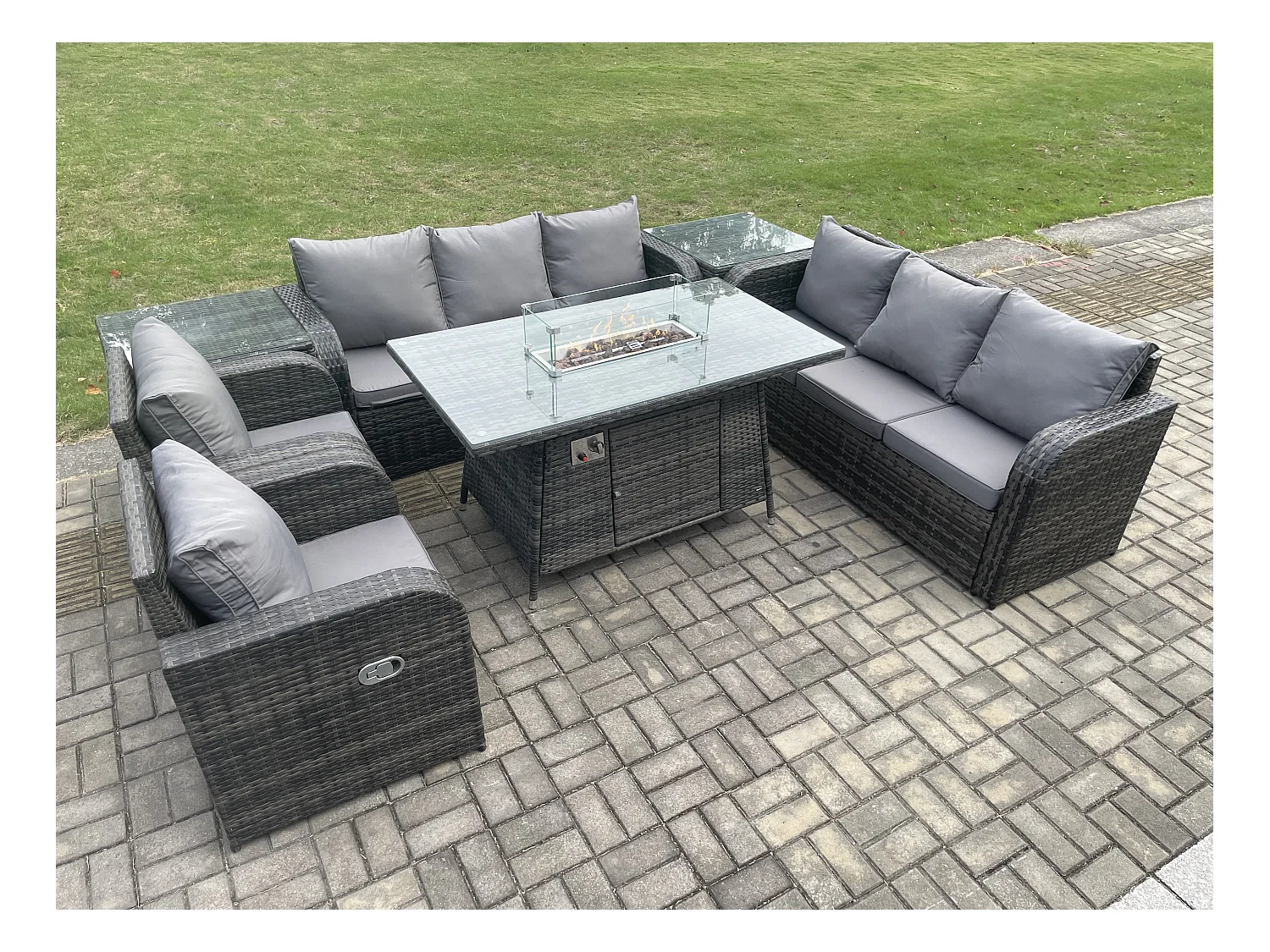 Patio Salon de jardin avec Table de foyer à gaz,Fauteuil et Table d'appoint 8 places Outdoor Indoor Canapé Lounge Set Gris foncé mixte