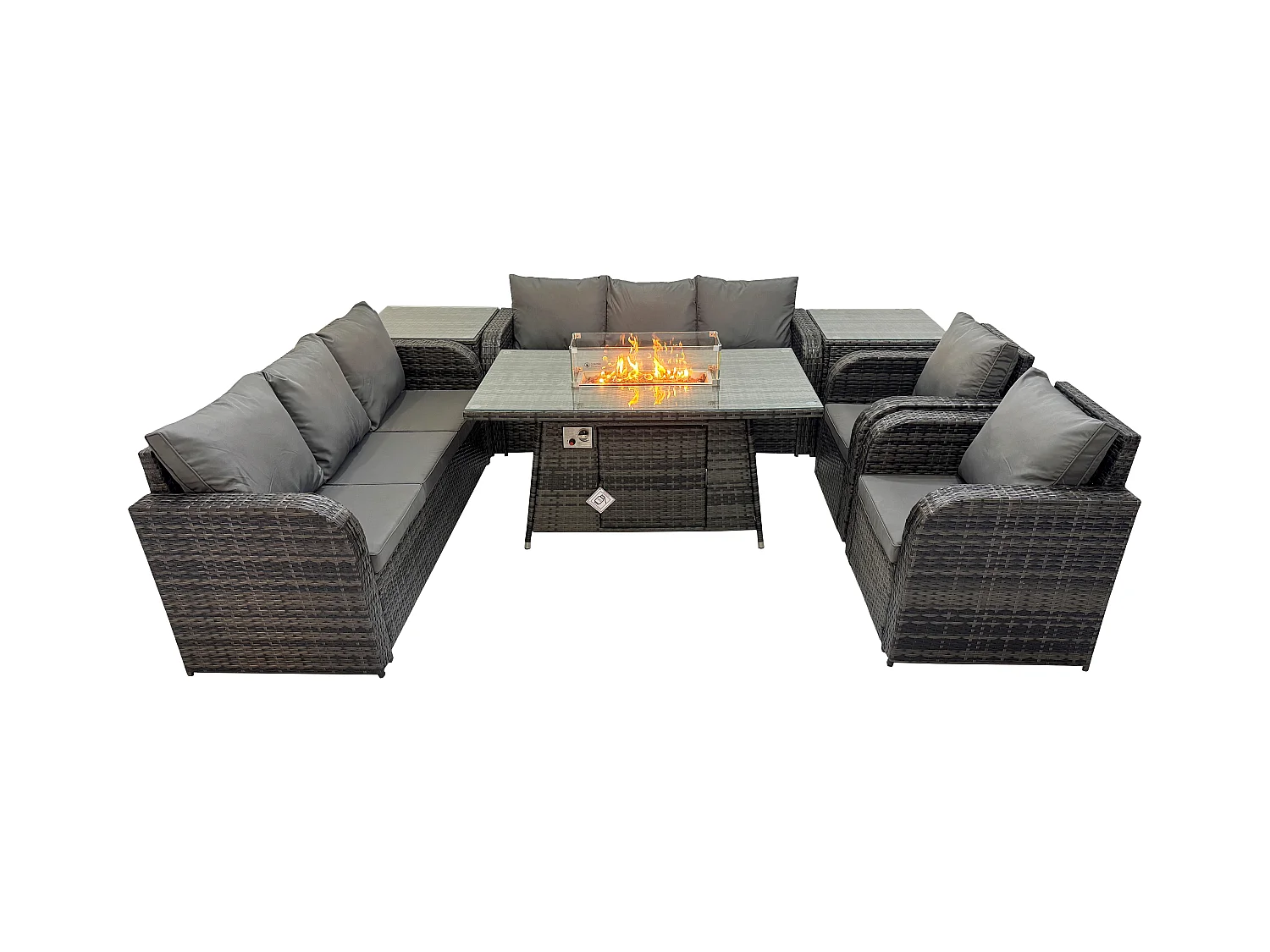 Patio Polyrattan Gartenmöbel Set mit Gasfeuerstelle Esstisch,Sessel und Beistelltisch 8-Sitzer