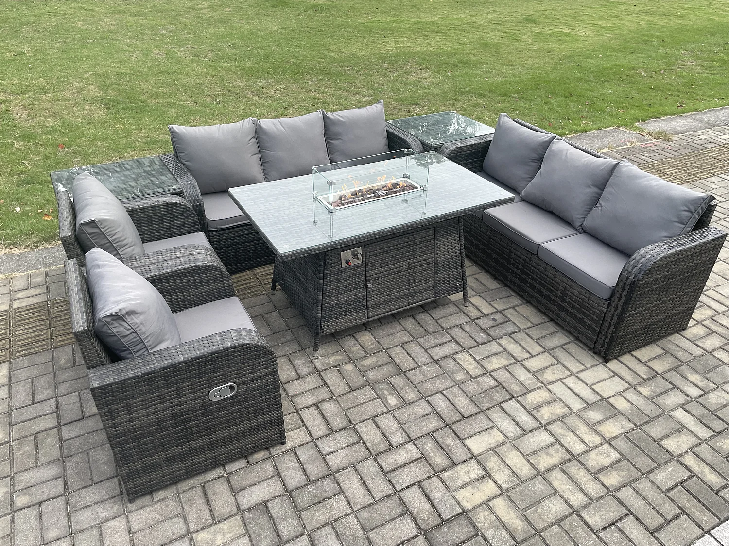 Patio Salon de jardin avec Table de foyer à gaz,Fauteuil et Table d'appoint 8 places Outdoor Indoor Canapé Lounge Set Gris foncé mixte