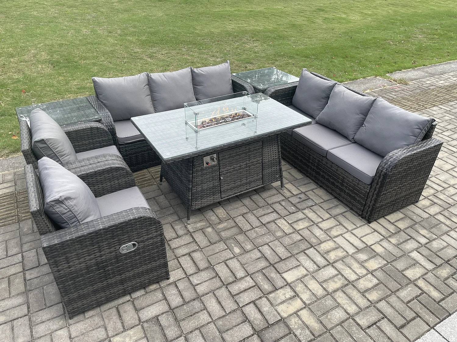 Patio Salon de jardin avec Table de foyer à gaz,Fauteuil et Table d'appoint 8 places Outdoor Indoor Canapé Lounge Set Gris foncé mixte