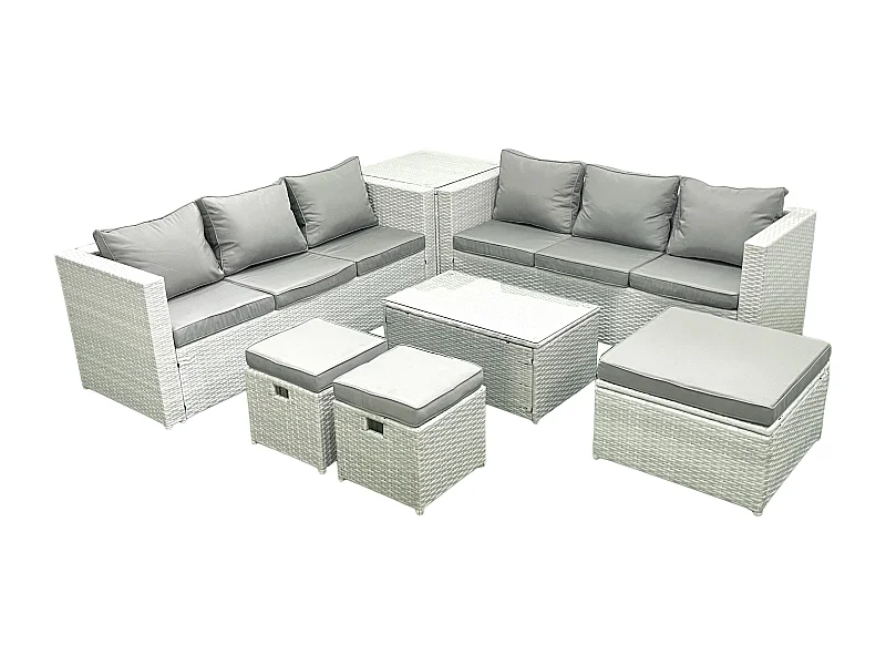 Ensemble de meubles d'extérieur en rotin 9 places avec 3 Tabourets Table d'appoint Gris clair mixte