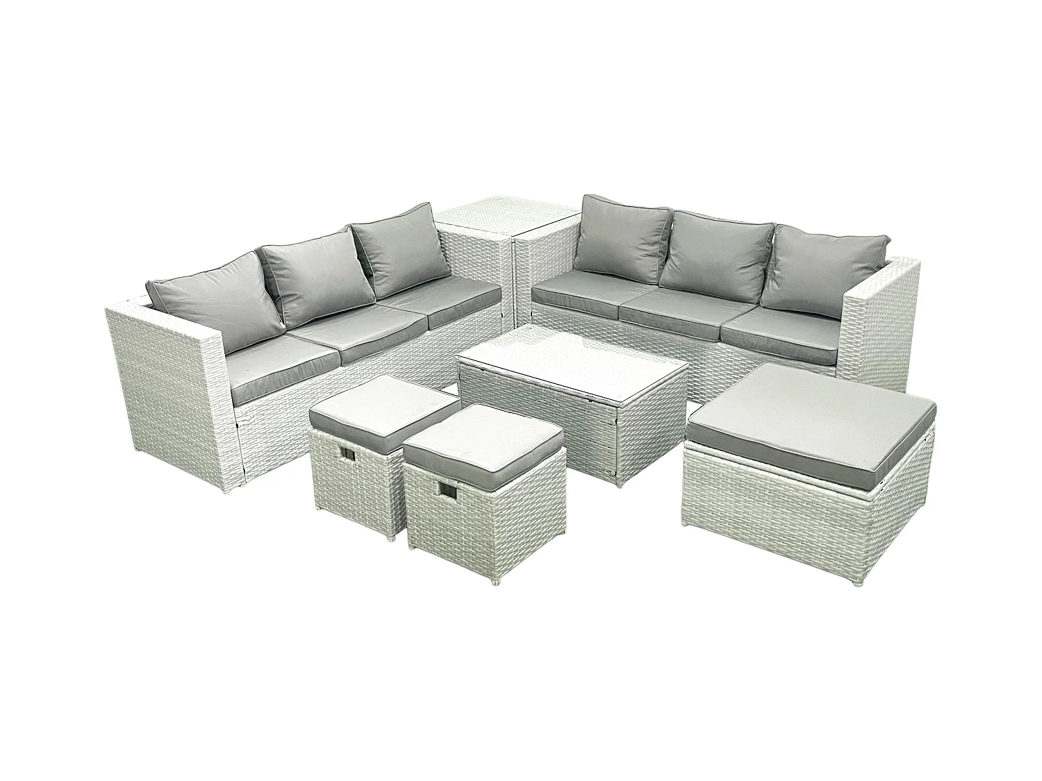 Garten Polyrattanmöbel Set 9-Sitzer Rattan Garten Sofa Set mit 3 Hockern Beistelltisch Hellgrau gemischt